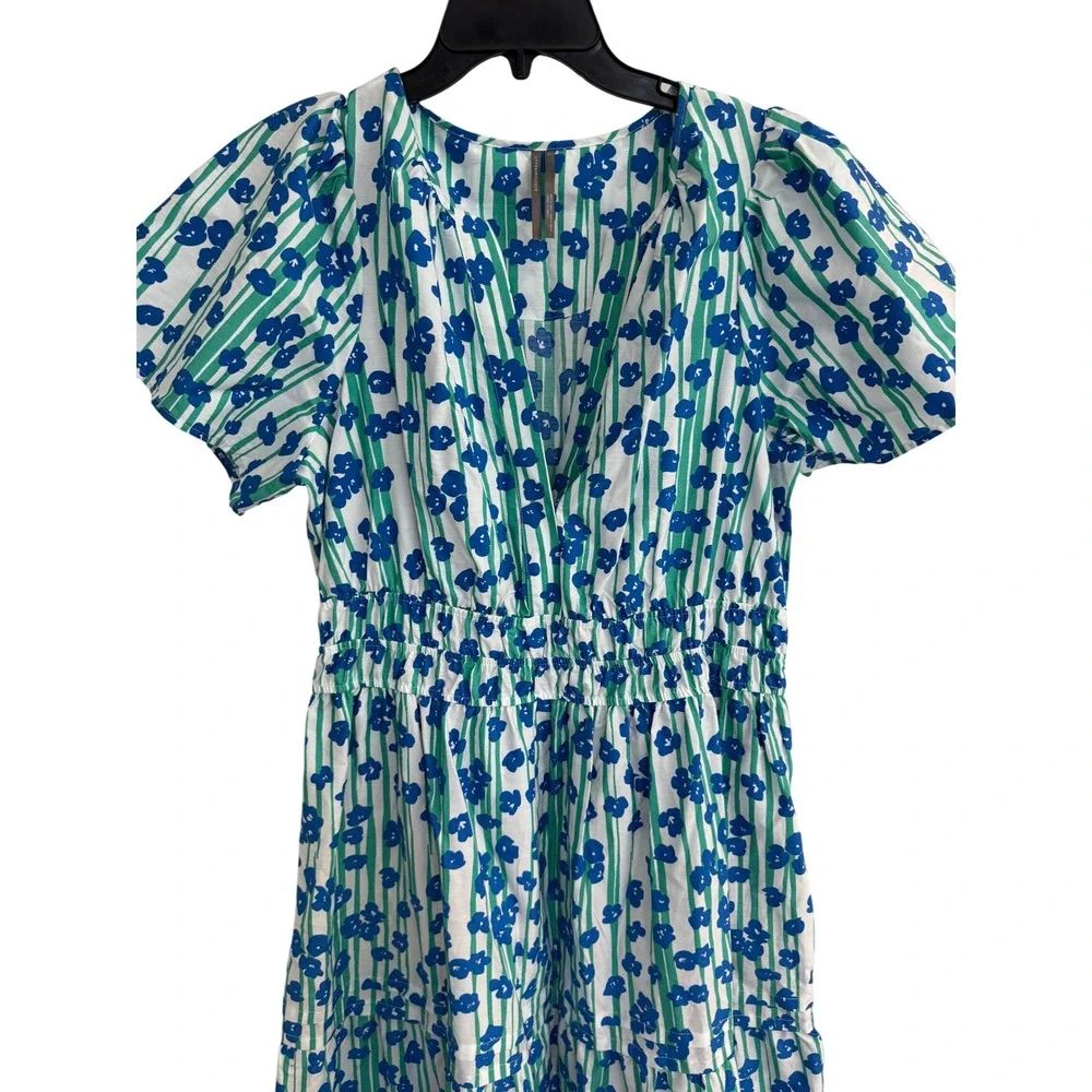 Anthropologie Floral Striped Tiered Maxi Dress Cotton Blue Green White Size L - Picture 3 of 11